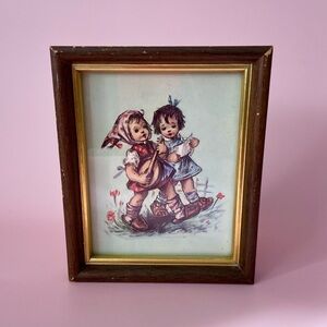 Vintage 50s antique illustration artwork in frame home decor